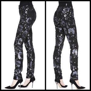 7FAM black sequin floral textured skinny jeans